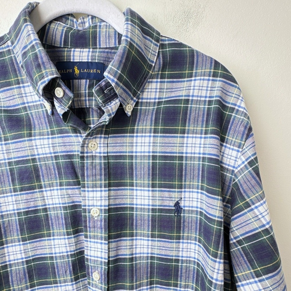 Ralph Lauren Button Down Shirt Mens Medium Navy Blue White Tartan Plaid Preppy - Picture 3 of 9
